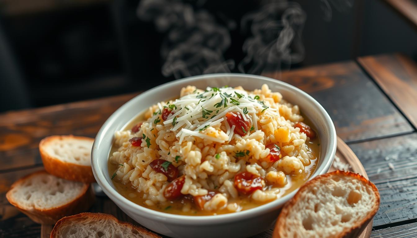 A bowl of French onion soup rice topped with melted cheese and fresh thyme.