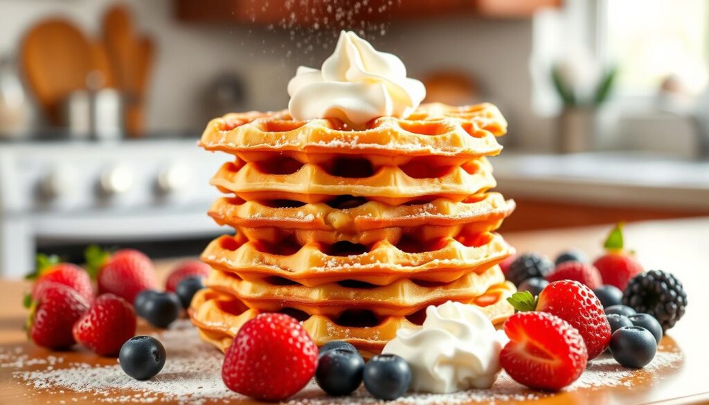 Frozen waffle topped with fresh berries, maple syrup, and whipped cream