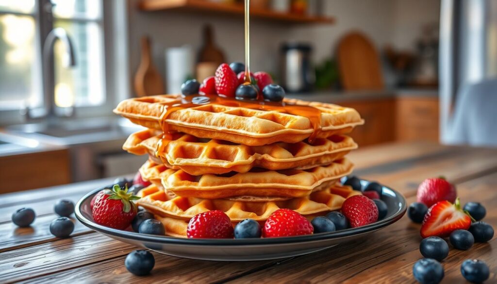 Batch of homemade frozen waffles arranged in freezer bag showing storage method