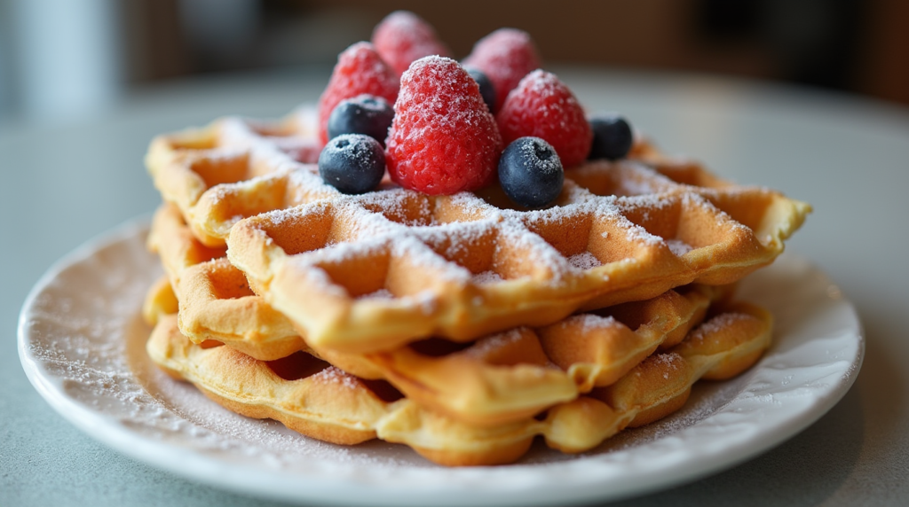 Frozen waffle being toasted in toaster showing crispy golden texture