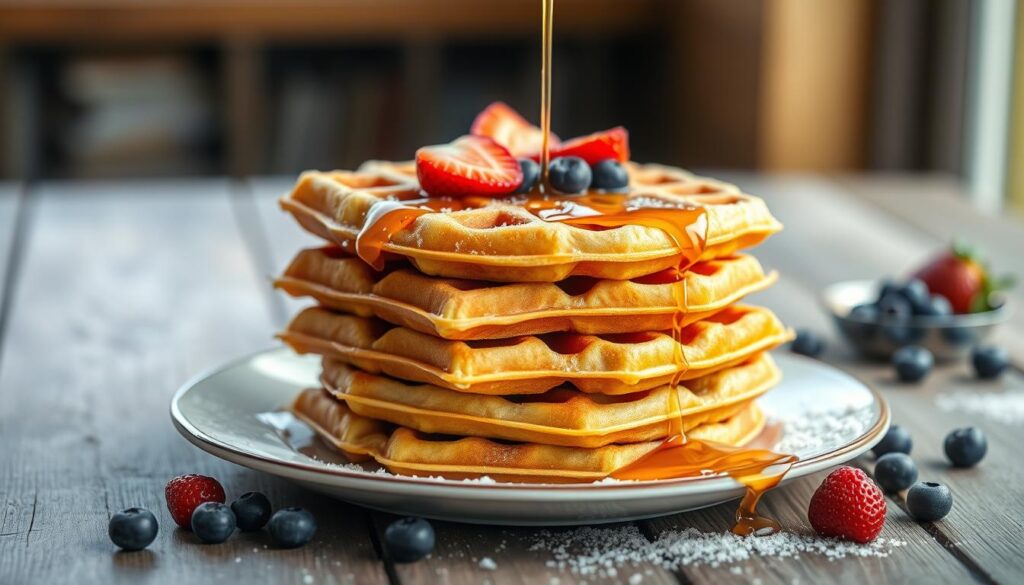 Stack of golden brown frozen waffles with butter melting on top