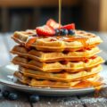 Stack of golden brown frozen waffles with butter melting on top