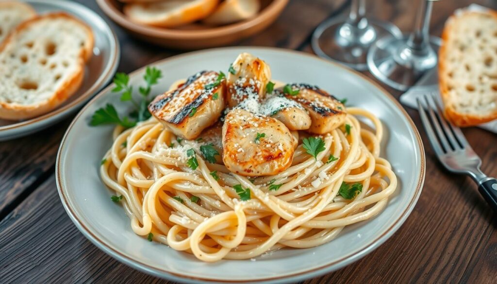 A close-up of garlic parmesan chicken pasta with tender chicken pieces, creamy sauce, and a sprinkle of parmesan cheese.