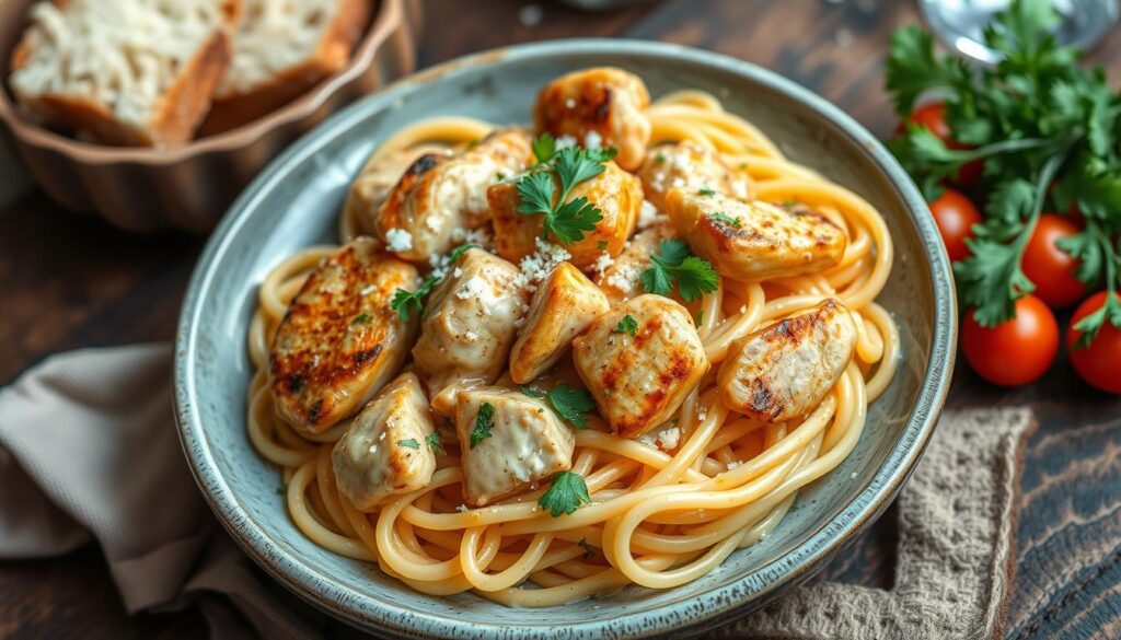 A creamy garlic parmesan chicken pasta dish, topped with fresh parsley and grated parmesan, served in a white bowl.