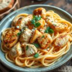 A creamy garlic parmesan chicken pasta dish, topped with fresh parsley and grated parmesan, served in a white bowl.