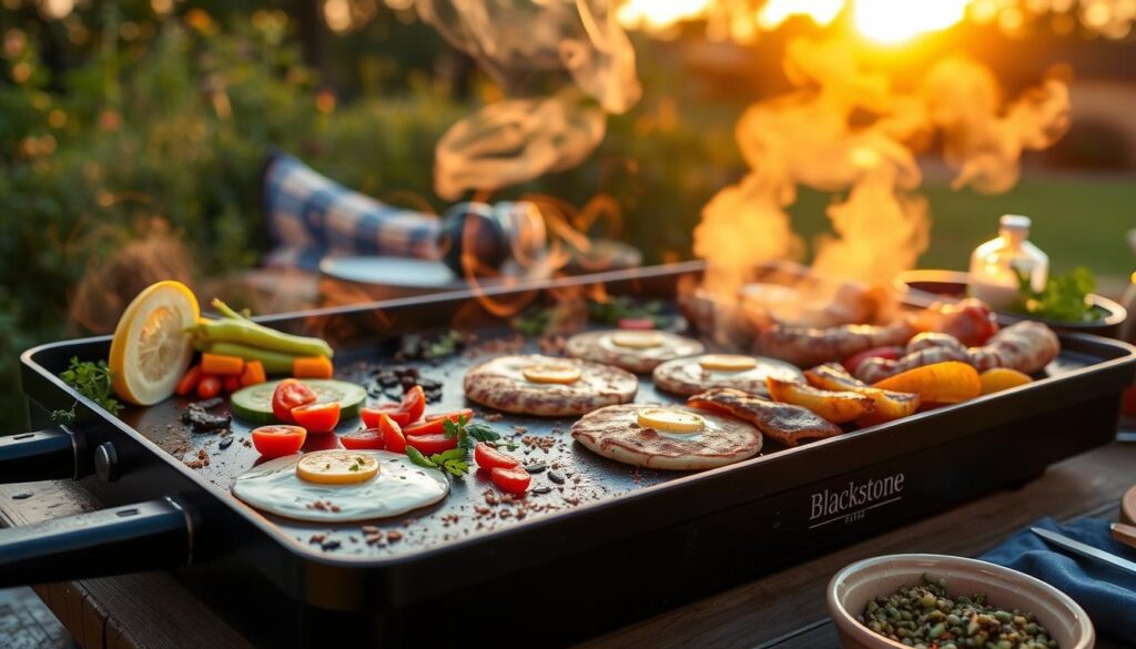 Juicy smash burgers on a Blackstone griddle, topped with melted cheese and crispy edges.