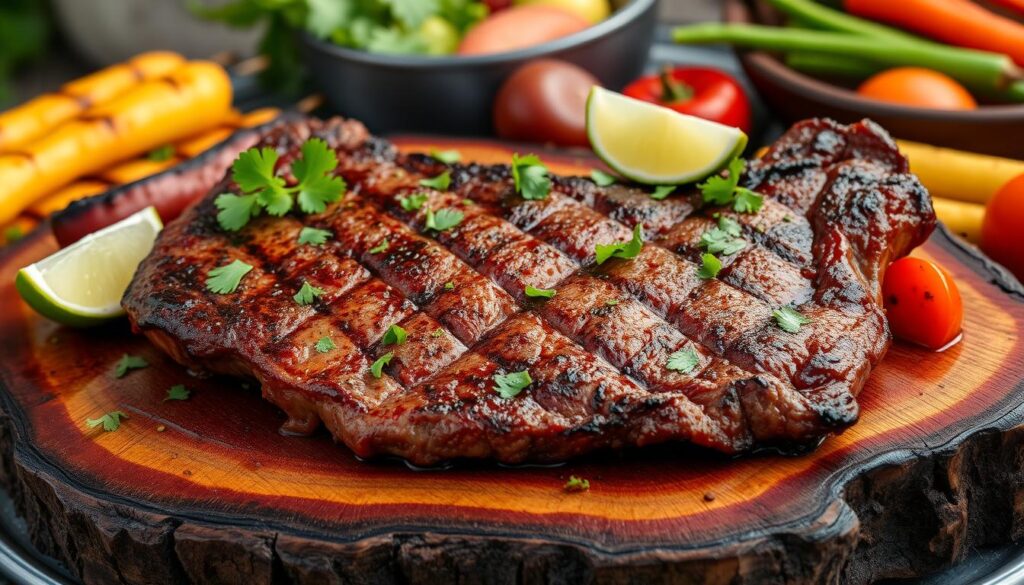 A tender chipotle-marinated steak sliced into strips, served with rice, beans, and fresh avocado slices.