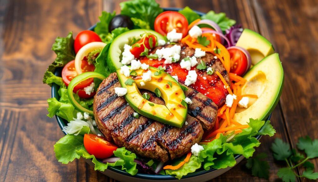 A protein-packed burger bowl recipe served with fresh greens, roasted sweet potatoes, and a tangy mustard dressing.