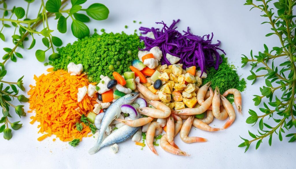 A variety of fish dishes, including grilled, fried, and baked options, presented on a rustic table with fresh herbs and lemon slices