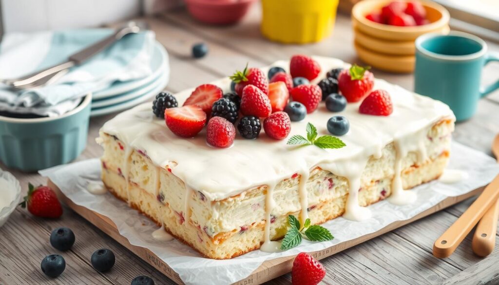 Fluffy slices of kefir sheet cake recipe arranged on a plate, showing the moist texture, served with tea and a cozy background.