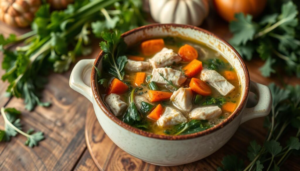 A pot of chicken and chard soup simmering on the stove, with steam rising and visible chunks of chicken and leafy chard.