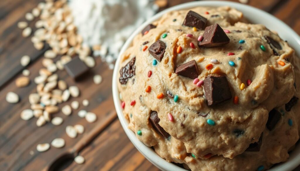 Close-up of protein cookie dough texture showing creamy, soft consistency