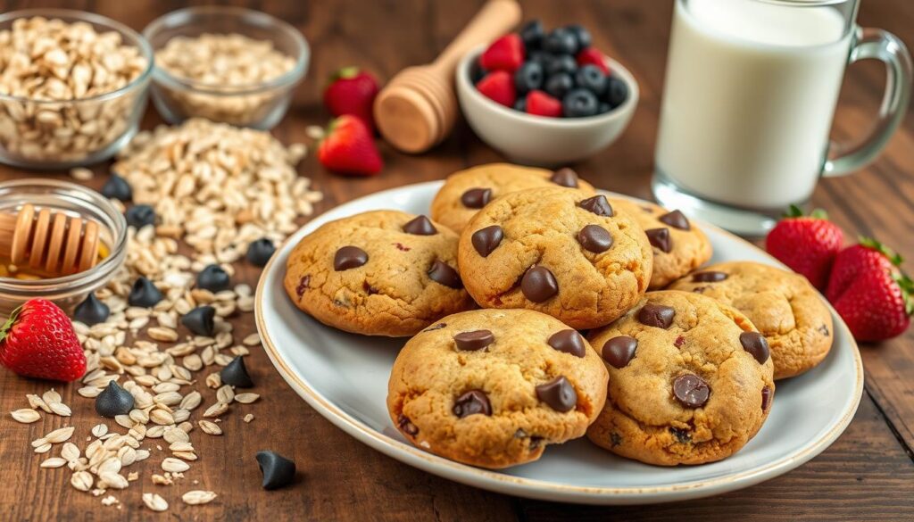 A stack of chewy, golden protein cookies with visible chocolate chips and oats, served with a glass of milk.