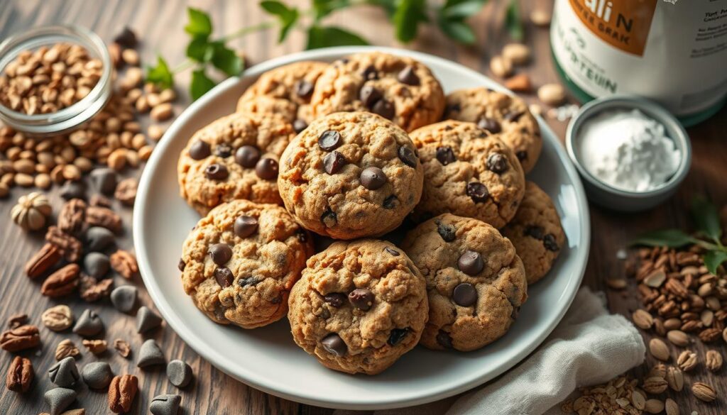 Homemade protein cookies made with simple ingredients, presented on a wooden tray with fresh fruit and nuts.