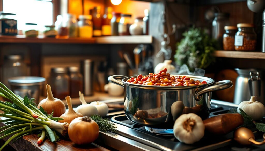 A plate of baked beans served alongside grilled chicken and coleslaw, a perfect barbecue meal.