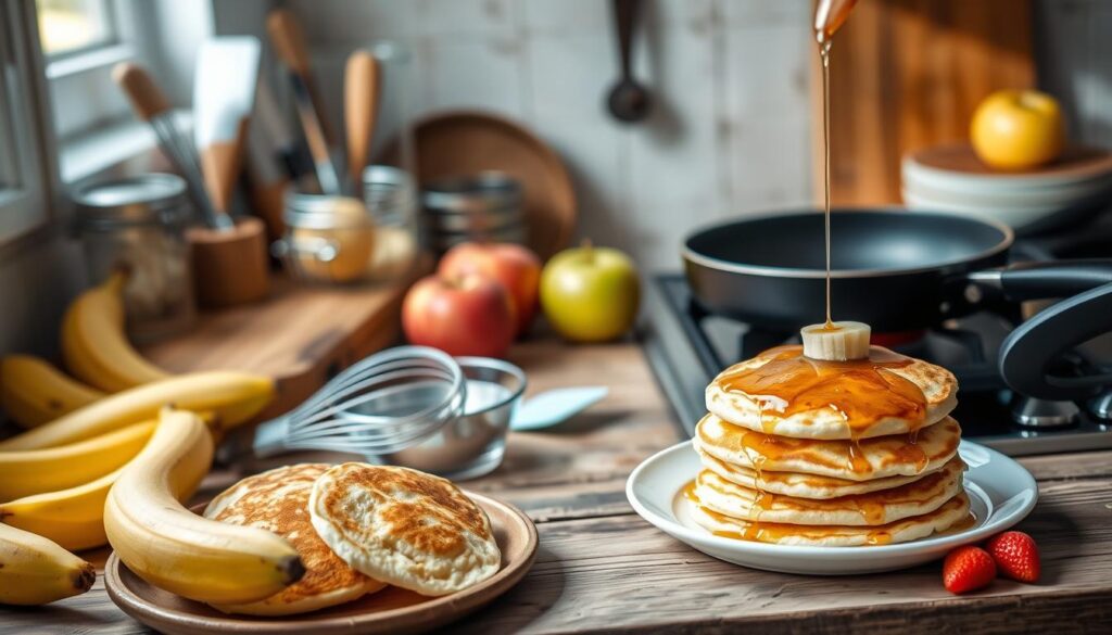 Close-up of banana apple pancakes drizzled with syrup and garnished with fresh fruit.