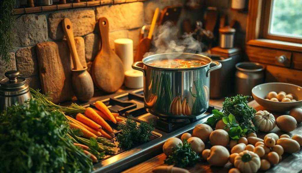 A rustic assortment of fresh vegetables, herbs, and spices laid out as ingredients for a traditional village soup recipe.