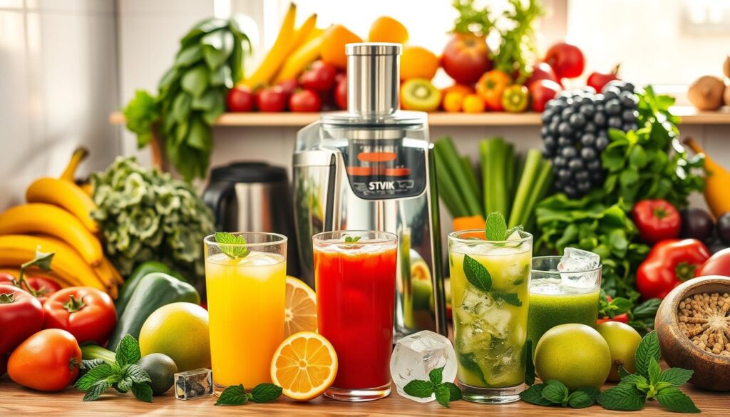 A vibrant assortment of fresh fruits and vegetables, including oranges, apples, carrots, and leafy greens, next to a glass of colorful, freshly made juice, perfect for healthy juicer recipes.