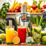 A vibrant assortment of fresh fruits and vegetables, including oranges, apples, carrots, and leafy greens, next to a glass of colorful, freshly made juice, perfect for healthy juicer recipes.