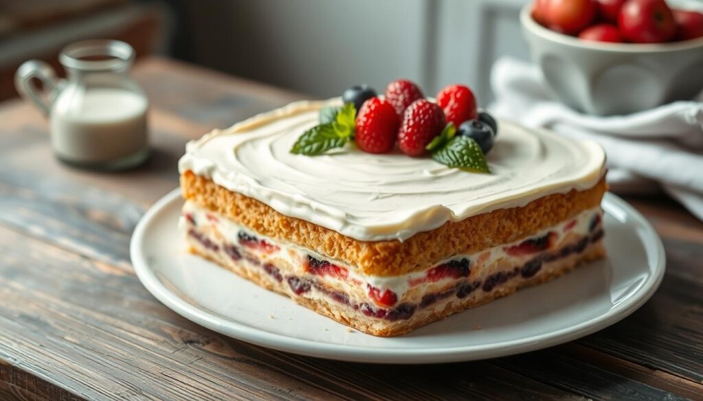 A beautifully frosted kefir sheet cake recipe topped with fresh berries and mint, styled on a serving plate for dessert.