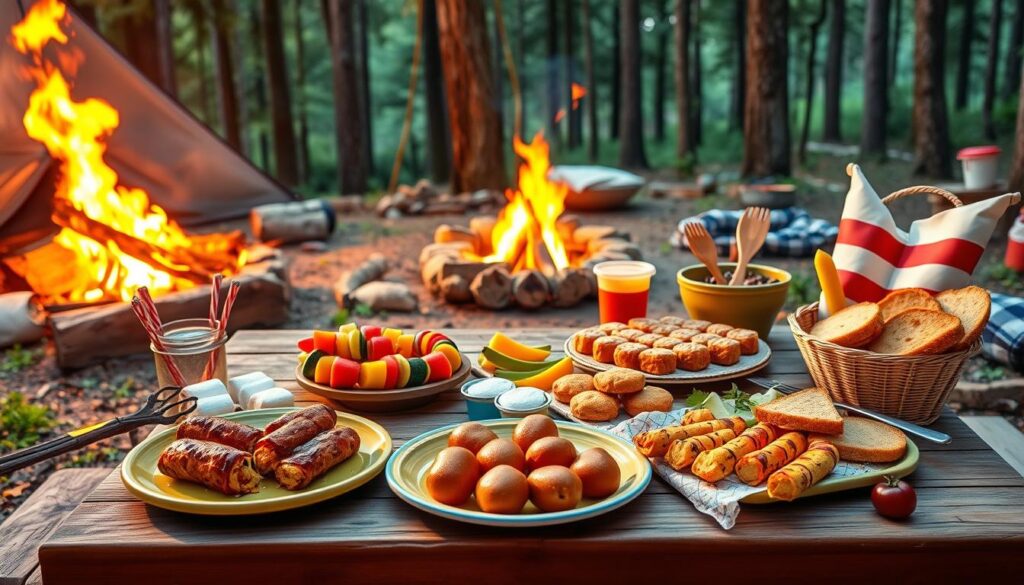 A picnic table with kid-friendly camping meals, including hot dogs, fruit skewers, and colorful plates, set in a scenic campsite.