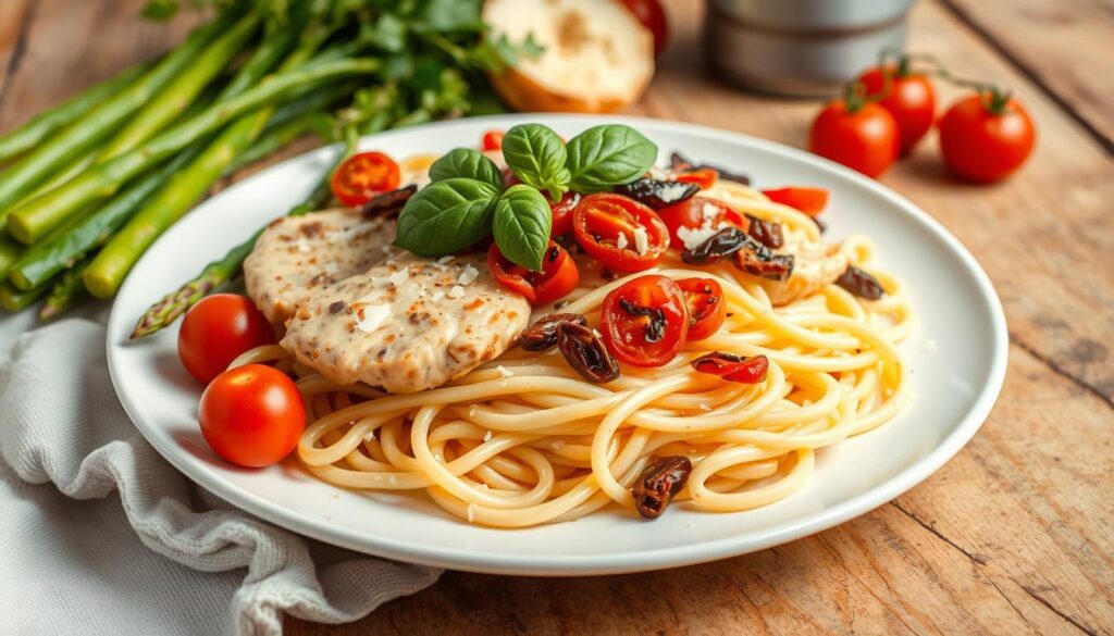 a plate of spaghetti with tomatoes and meat