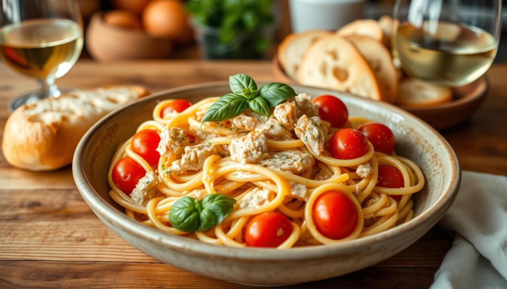 a bowl of pasta with tomatoes and basil