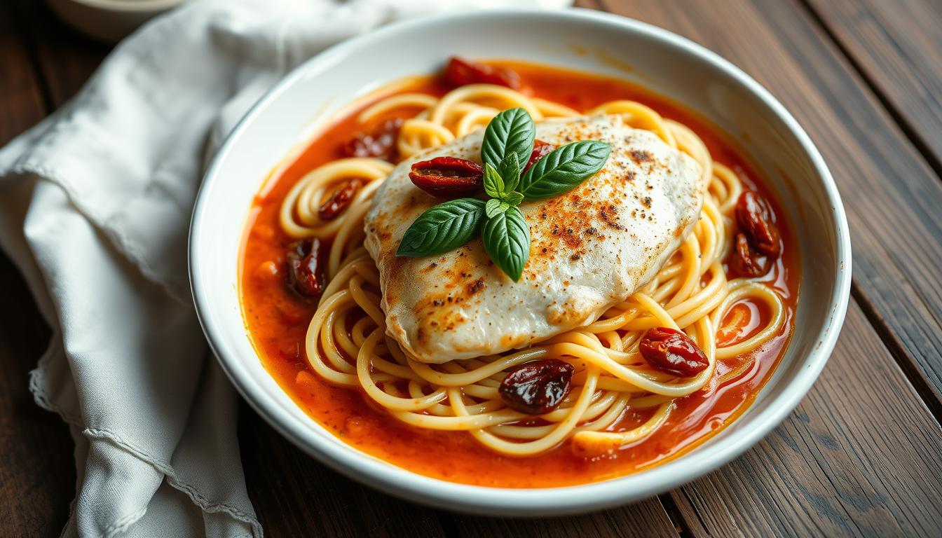 A creamy Marry Me Chicken Pasta dish topped with fresh parsley, served in a white bowl on a rustic wooden table.