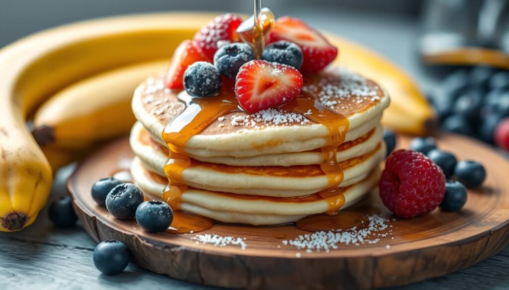 Ingredients for mini pancakes, including flour, eggs, milk, sugar, and butter, arranged on a wooden kitchen countertop.