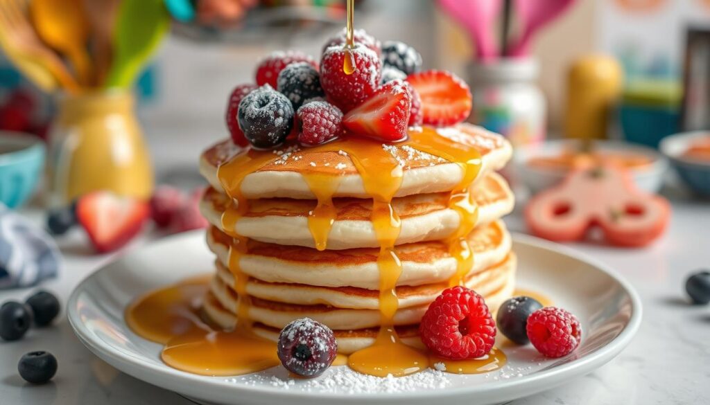 A stack of golden mini pancakes drizzled with maple syrup and garnished with fresh strawberries and blueberries.