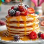 A stack of golden mini pancakes drizzled with maple syrup and garnished with fresh strawberries and blueberries.