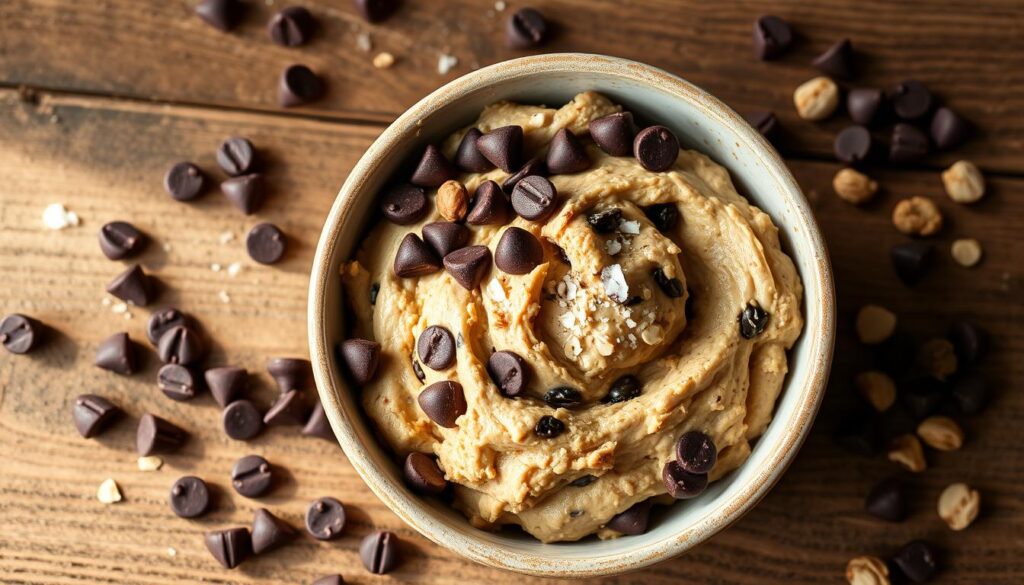 Scoops of protein cookie dough on parchment paper with chocolate chips scattered