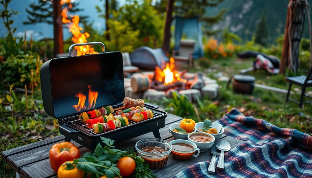 A backyard grill with skewers, fresh vegetables, and a cozy outdoor dining setup under string lights.