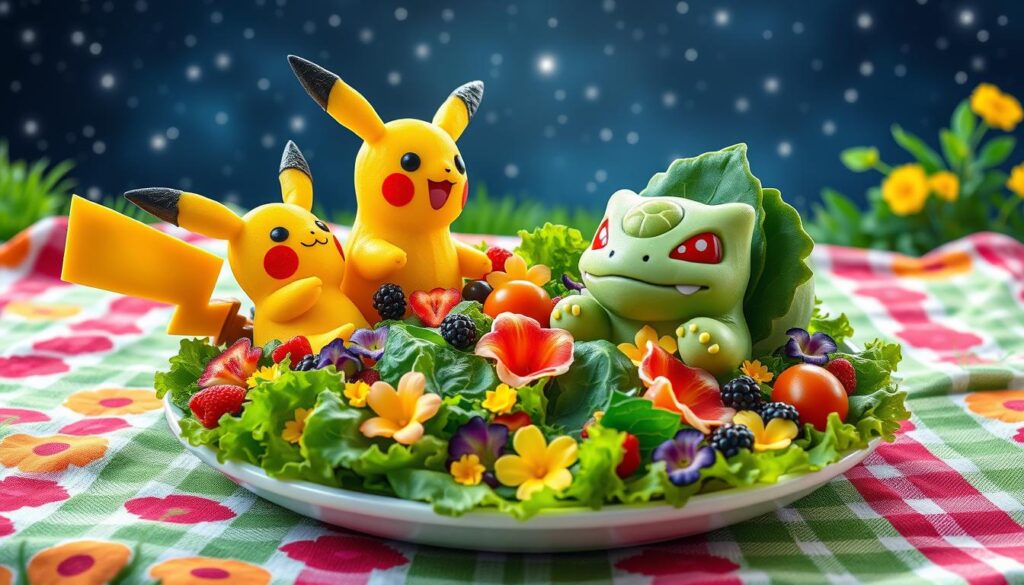 A beautifully arranged salad with colorful ingredients, symbolizing healthy eating and relaxation, inspired by the Pokemon Sleep concept.