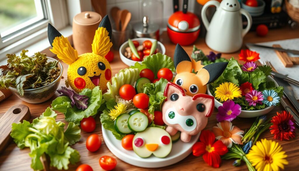 A healthy salad with a mix of fresh vegetables, fruits, and a light dressing, displayed in a playful and fun style perfect for fans of Pokemon Sleep