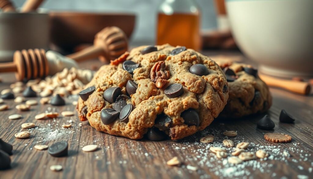 Close-up of a soft protein cookie broken in half, showing a chewy, chocolate-filled texture.