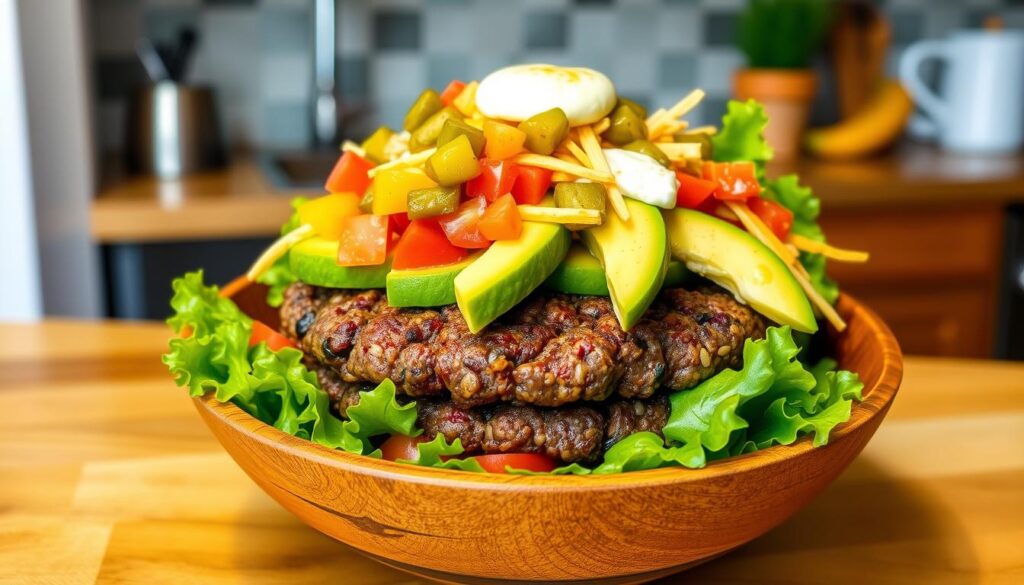 A hearty burger bowl filled with ground beef, cherry tomatoes, cucumbers, red onions, and a dollop of special sauce.