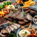 A colorful assortment of smoked vegetables, including zucchini, bell peppers, and mushrooms, arranged on a serving platter.