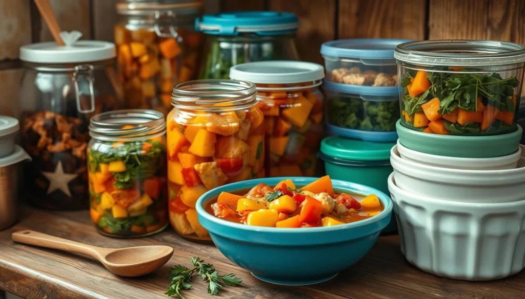 Mason jars and airtight containers filled with soup, ready for storage in the fridge or freezer.