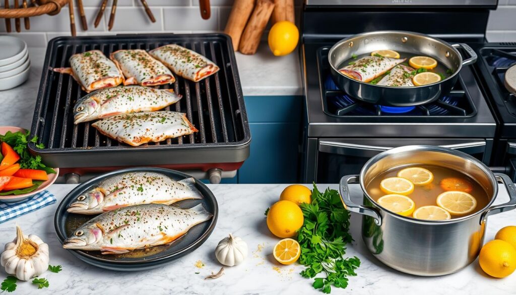 Fresh steelhead trout fillets, lemon, garlic, olive oil, and herbs arranged on a wooden cutting board.