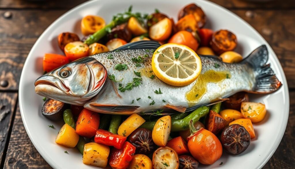 A fillet of steelhead trout being cooked in a hot skillet with butter and garlic.