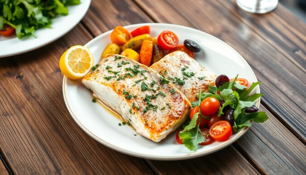 A perfectly baked steelhead trout fillet garnished with lemon slices and fresh dill on a white plate.