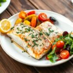 A perfectly baked steelhead trout fillet garnished with lemon slices and fresh dill on a white plate.