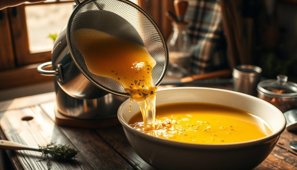 Freshly made chicken broth being strained into a glass bowl using a fine-mesh strainer.