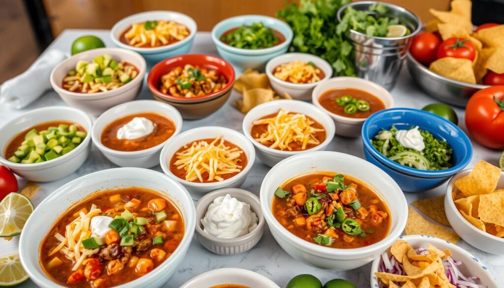 A hearty bowl of Taco Soup Frios Recipe served with a slice of lime and tortilla chips on the side, placed on a colorful tablecloth for a festive vibe.