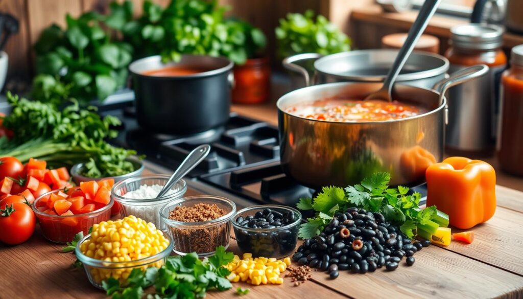 Fresh ingredients for Taco Soup Frios Recipe, including ground beef, beans, corn, tomatoes, taco seasoning, onion, and garlic, neatly arranged on a wooden countertop.