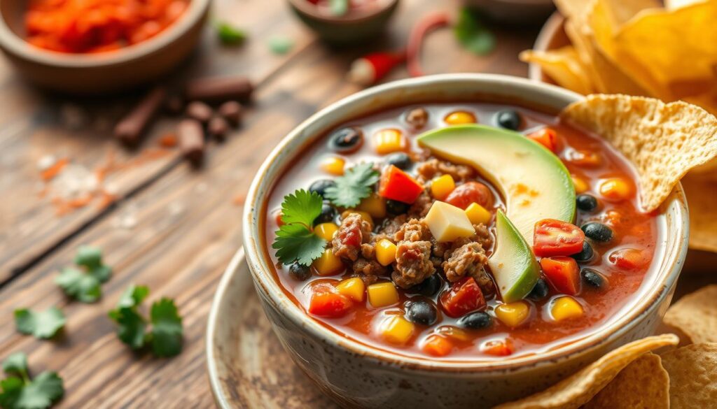 A pot of simmering Taco Soup Frios Recipe with ground beef, beans, corn, and tomatoes, topped with taco seasoning, being stirred with a wooden spoon.