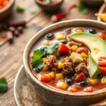 A pot of simmering Taco Soup Frios Recipe with ground beef, beans, corn, and tomatoes, topped with taco seasoning, being stirred with a wooden spoon.