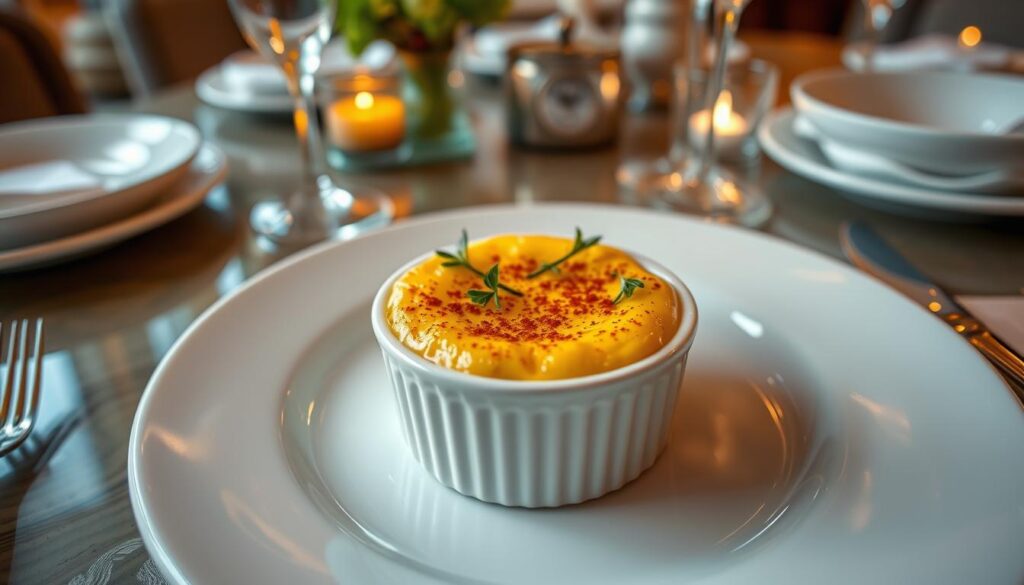 A plated crab brulee served with toasted bread slices and garnished with microgreens.