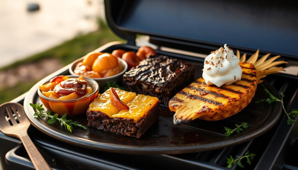 An assortment of Traeger-grilled desserts, including smoked chocolate chip cookies, a caramelized peach cobbler, and a rich, gooey chocolate lava cake, beautifully plated on a rustic wooden table.